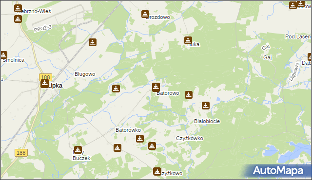 mapa Batorowo gmina Lipka, Batorowo gmina Lipka na mapie Targeo