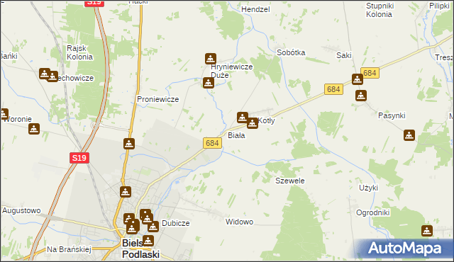 mapa Biała gmina Bielsk Podlaski, Biała gmina Bielsk Podlaski na mapie Targeo