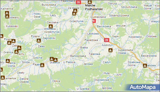 mapa Białka gmina Maków Podhalański, Białka gmina Maków Podhalański na mapie Targeo