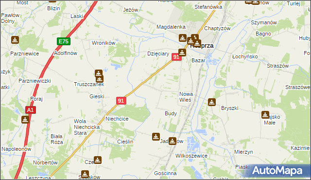 mapa Białocin gmina Rozprza, Białocin gmina Rozprza na mapie Targeo