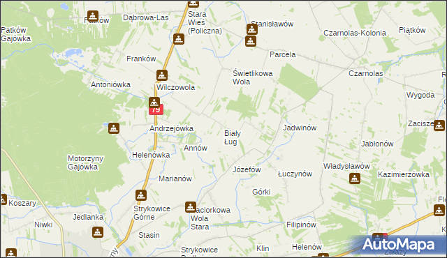 mapa Biały Ług gmina Policzna, Biały Ług gmina Policzna na mapie Targeo