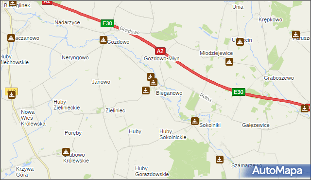 mapa Bieganowo gmina Kołaczkowo, Bieganowo gmina Kołaczkowo na mapie Targeo