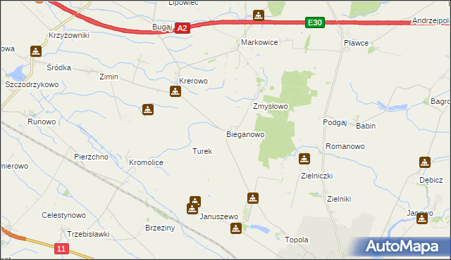 mapa Bieganowo gmina Środa Wielkopolska, Bieganowo gmina Środa Wielkopolska na mapie Targeo