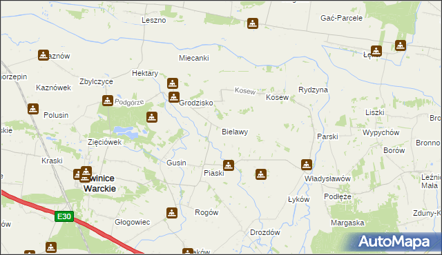 mapa Bielawy gmina Świnice Warckie, Bielawy gmina Świnice Warckie na mapie Targeo