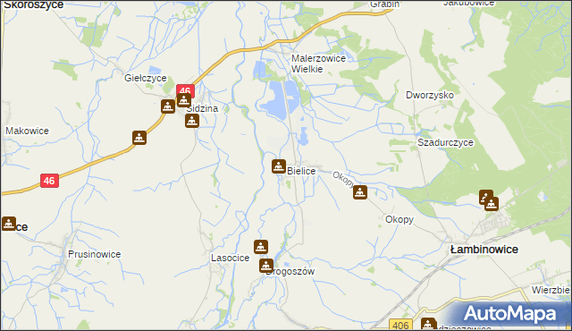 mapa Bielice gmina Łambinowice, Bielice gmina Łambinowice na mapie Targeo