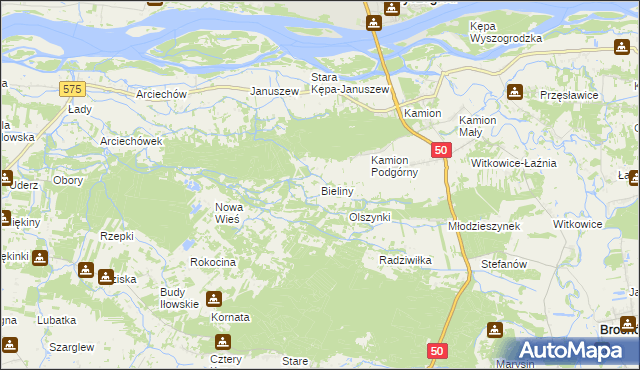 mapa Bieliny gmina Młodzieszyn, Bieliny gmina Młodzieszyn na mapie Targeo