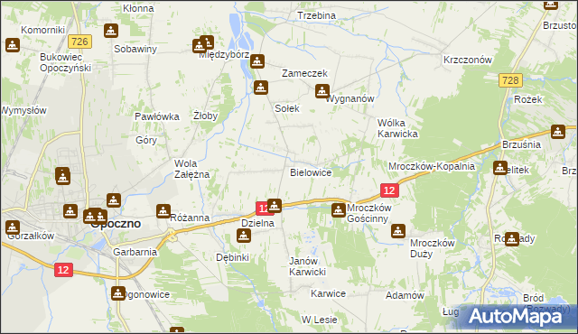 mapa Bielowice gmina Opoczno, Bielowice gmina Opoczno na mapie Targeo