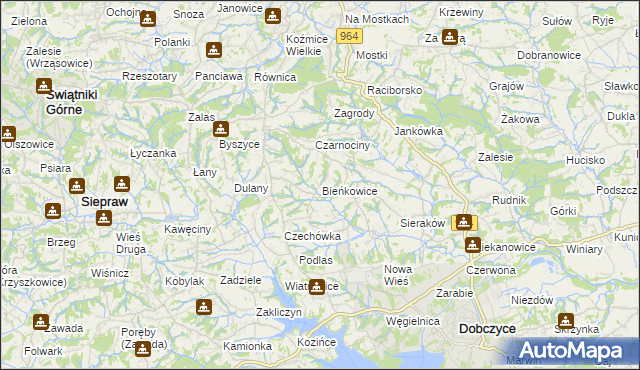 mapa Bieńkowice gmina Dobczyce, Bieńkowice gmina Dobczyce na mapie Targeo