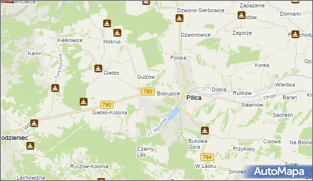mapa Biskupice gmina Pilica, Biskupice gmina Pilica na mapie Targeo