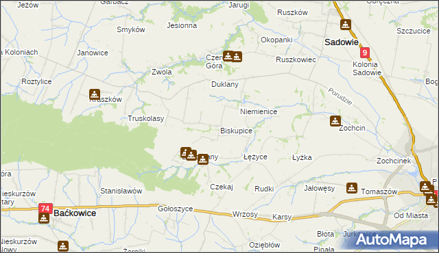 mapa Biskupice gmina Sadowie, Biskupice gmina Sadowie na mapie Targeo