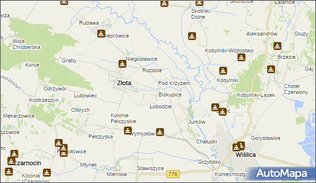 mapa Biskupice gmina Złota, Biskupice gmina Złota na mapie Targeo