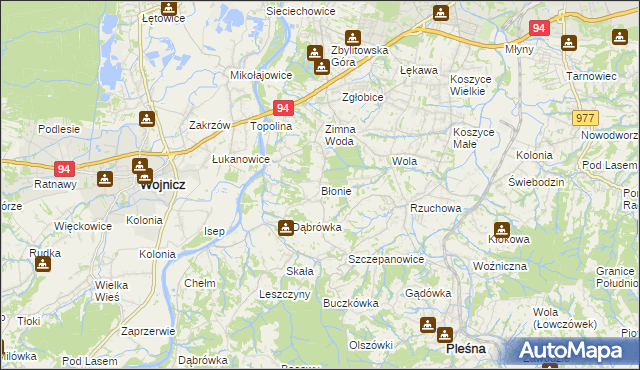 mapa Błonie gmina Tarnów, Błonie gmina Tarnów na mapie Targeo
