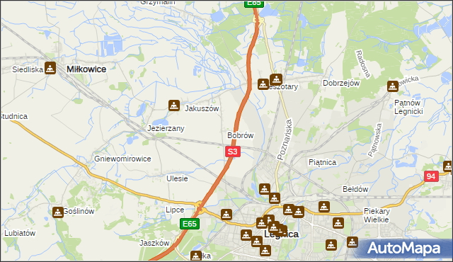 mapa Bobrów gmina Miłkowice, Bobrów gmina Miłkowice na mapie Targeo