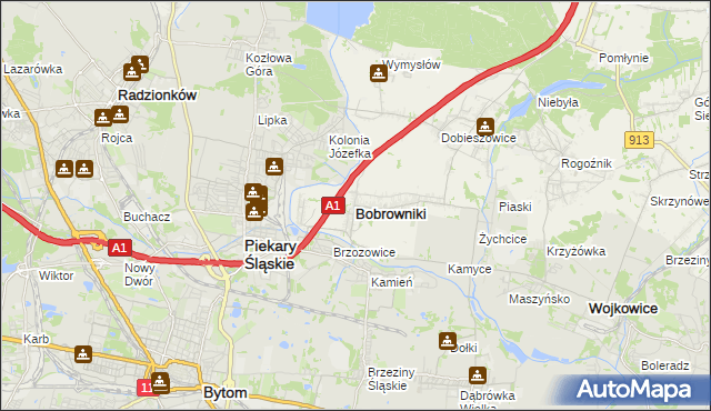 mapa Bobrowniki powiat będziński, Bobrowniki powiat będziński na mapie Targeo