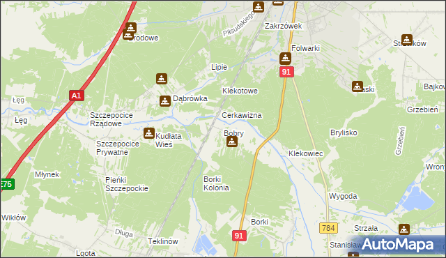 mapa Bobry gmina Radomsko, Bobry gmina Radomsko na mapie Targeo