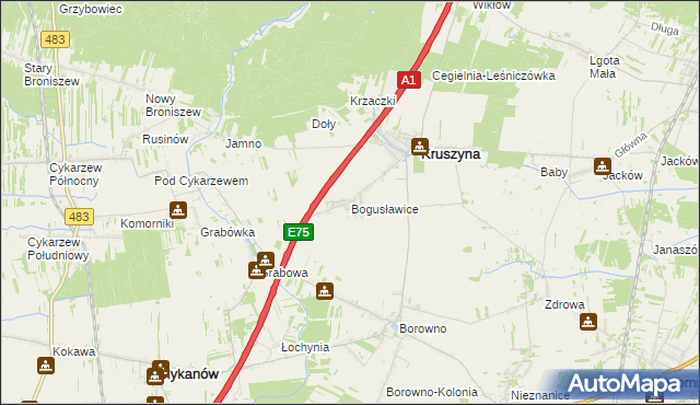 mapa Bogusławice gmina Kruszyna, Bogusławice gmina Kruszyna na mapie Targeo
