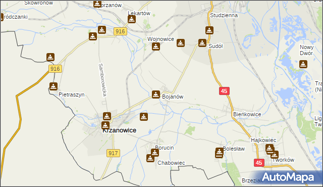 mapa Bojanów gmina Krzanowice, Bojanów gmina Krzanowice na mapie Targeo