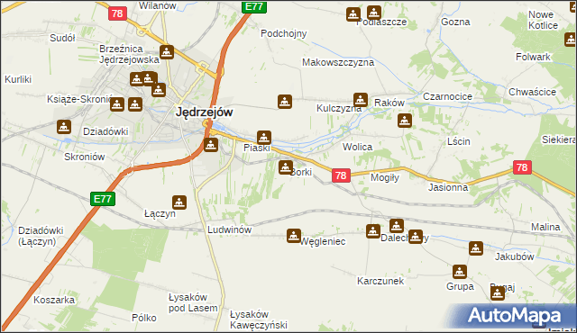 mapa Borki gmina Jędrzejów, Borki gmina Jędrzejów na mapie Targeo