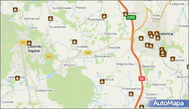 mapa Borkowice gmina Oborniki Śląskie, Borkowice gmina Oborniki Śląskie na mapie Targeo