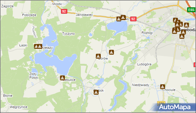 mapa Borów gmina Świebodzin, Borów gmina Świebodzin na mapie Targeo