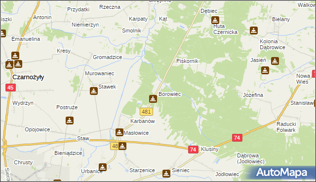 mapa Borowiec gmina Wieluń, Borowiec gmina Wieluń na mapie Targeo