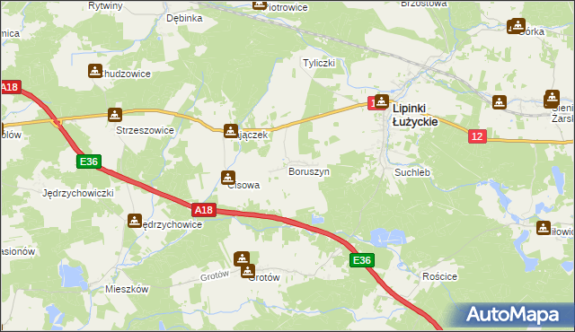 mapa Boruszyn gmina Lipinki Łużyckie, Boruszyn gmina Lipinki Łużyckie na mapie Targeo