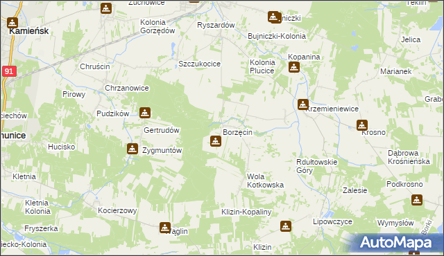 mapa Borzęcin gmina Gorzkowice, Borzęcin gmina Gorzkowice na mapie Targeo