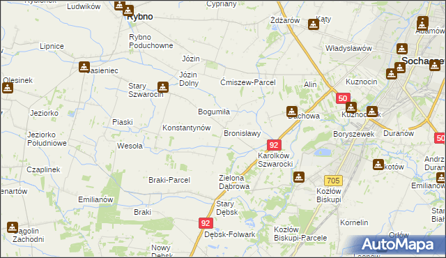 mapa Bronisławy gmina Rybno, Bronisławy gmina Rybno na mapie Targeo