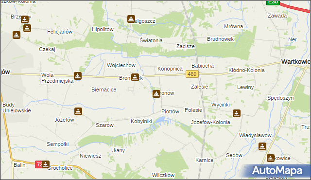 mapa Bronów gmina Wartkowice, Bronów gmina Wartkowice na mapie Targeo