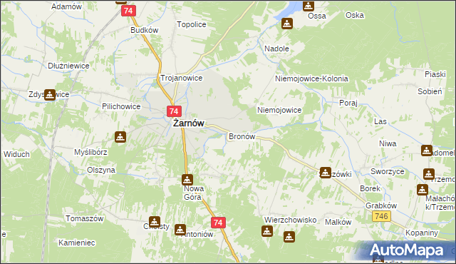 mapa Bronów gmina Żarnów, Bronów gmina Żarnów na mapie Targeo