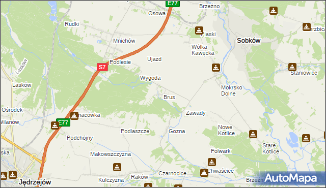 mapa Brus gmina Jędrzejów, Brus gmina Jędrzejów na mapie Targeo