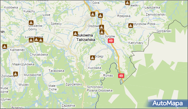 mapa Brzegi gmina Bukowina Tatrzańska, Brzegi gmina Bukowina Tatrzańska na mapie Targeo