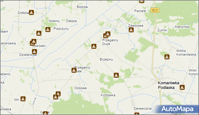 mapa Brzeziny gmina Komarówka Podlaska, Brzeziny gmina Komarówka Podlaska na mapie Targeo