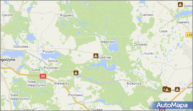 mapa Brzeźniak gmina Węgorzyno, Brzeźniak gmina Węgorzyno na mapie Targeo