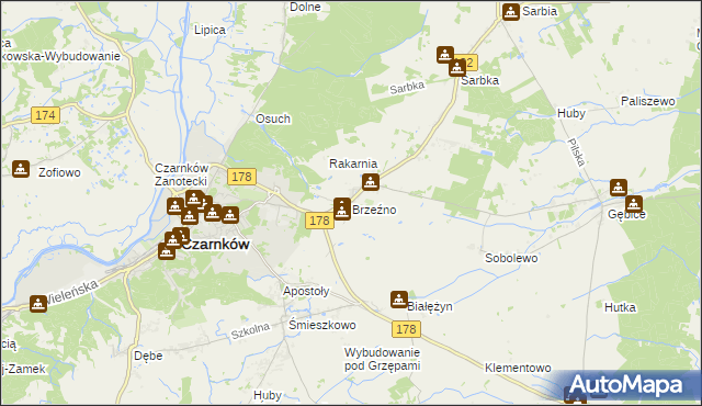 mapa Brzeźno gmina Czarnków, Brzeźno gmina Czarnków na mapie Targeo