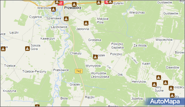 mapa Brzostek gmina Przedbórz, Brzostek gmina Przedbórz na mapie Targeo