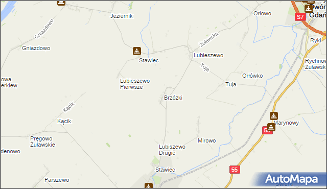 mapa Brzózki gmina Nowy Staw, Brzózki gmina Nowy Staw na mapie Targeo