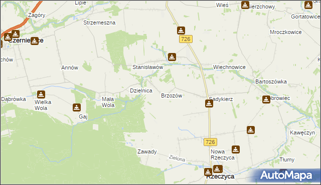 mapa Brzozów gmina Rzeczyca, Brzozów gmina Rzeczyca na mapie Targeo