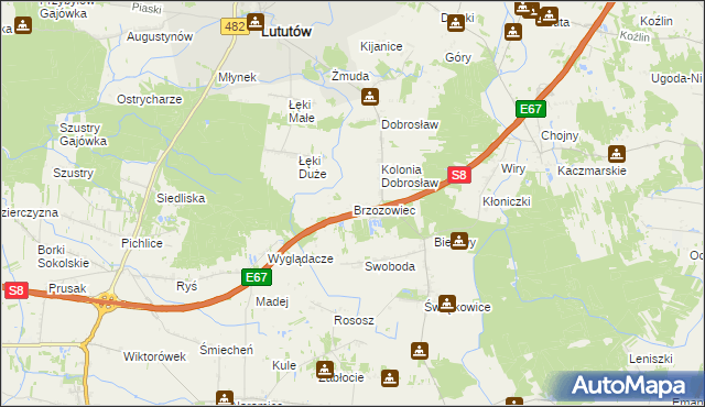 mapa Brzozowiec gmina Lututów, Brzozowiec gmina Lututów na mapie Targeo