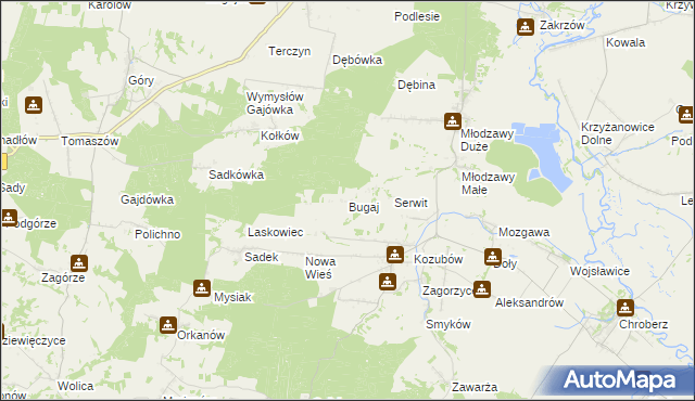 mapa Bugaj gmina Pińczów, Bugaj gmina Pińczów na mapie Targeo