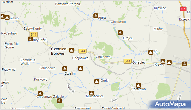 mapa Chojnowo gmina Czernice Borowe, Chojnowo gmina Czernice Borowe na mapie Targeo