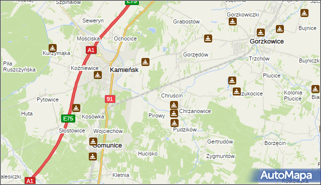 mapa Chruścin gmina Gomunice, Chruścin gmina Gomunice na mapie Targeo