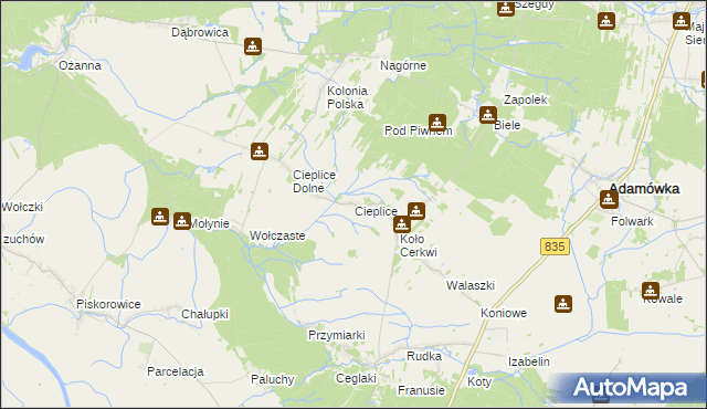 mapa Cieplice gmina Adamówka, Cieplice gmina Adamówka na mapie Targeo