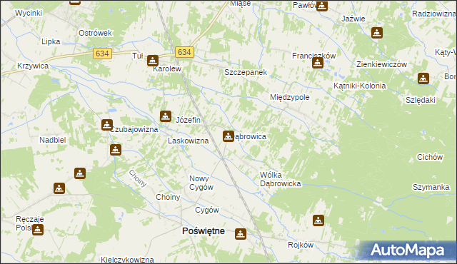 mapa Dąbrowica gmina Poświętne, Dąbrowica gmina Poświętne na mapie Targeo