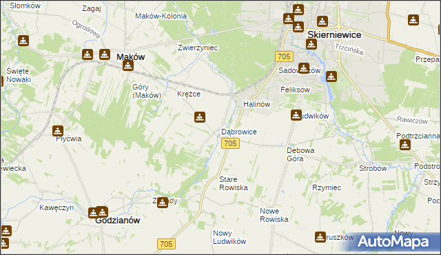 mapa Dąbrowice gmina Maków, Dąbrowice gmina Maków na mapie Targeo
