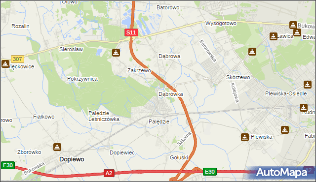 mapa Dąbrówka gmina Dopiewo, Dąbrówka gmina Dopiewo na mapie Targeo