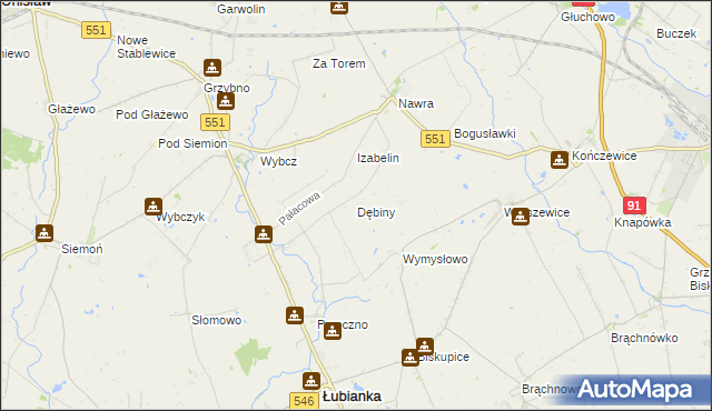 mapa Dębiny gmina Łubianka, Dębiny gmina Łubianka na mapie Targeo