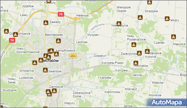 mapa Dobiecin gmina Bełchatów, Dobiecin gmina Bełchatów na mapie Targeo