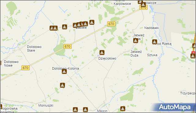 mapa Dzięciołowo gmina Jaświły, Dzięciołowo gmina Jaświły na mapie Targeo
