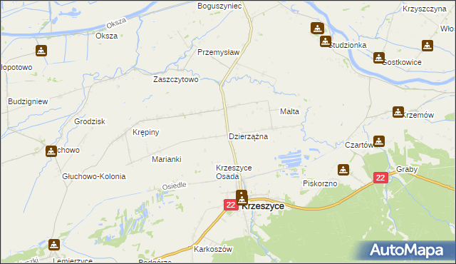 mapa Dzierzążna gmina Krzeszyce, Dzierzążna gmina Krzeszyce na mapie Targeo